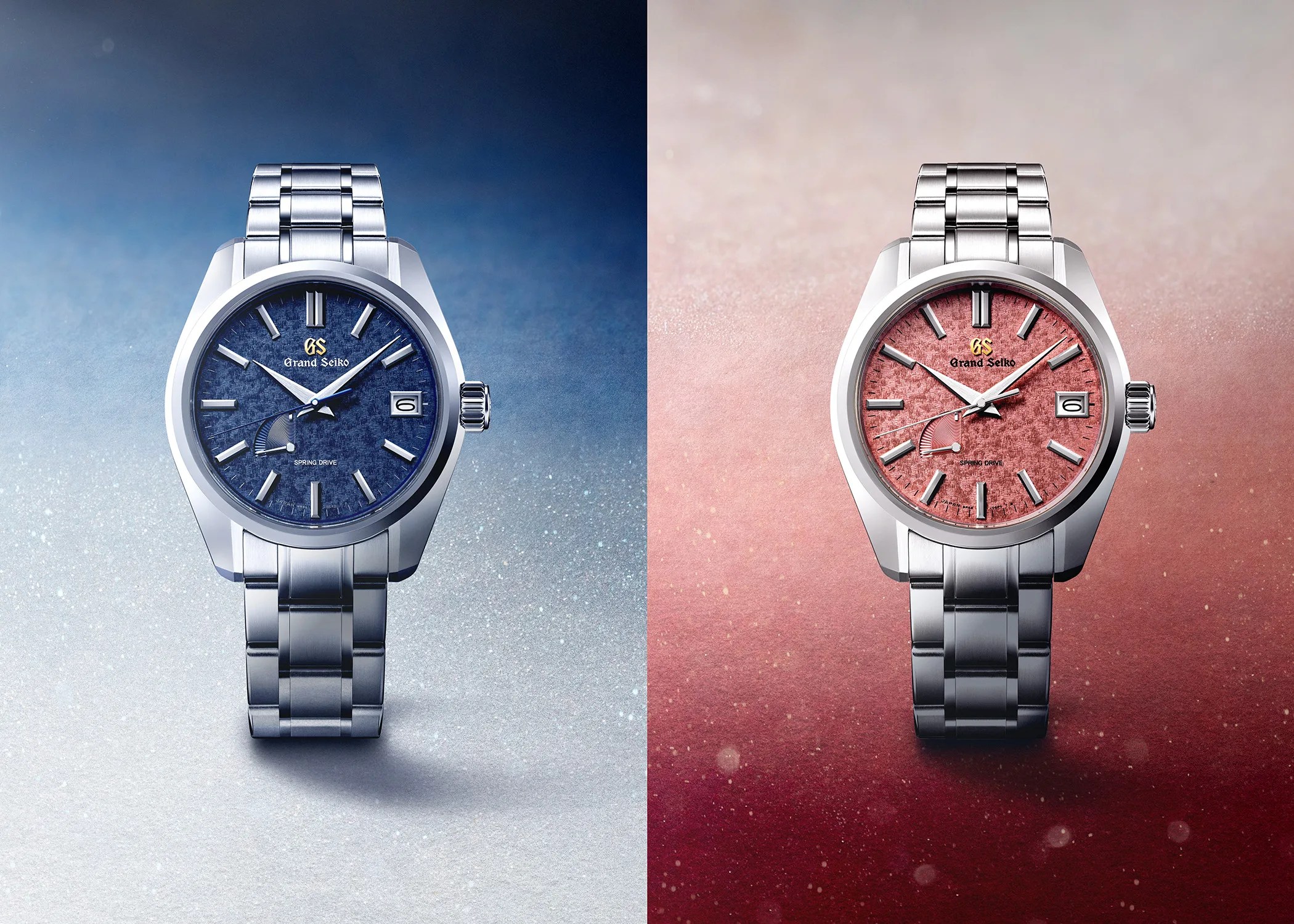 two grand seiko watches next to each other against stylized blue and red backgrounds