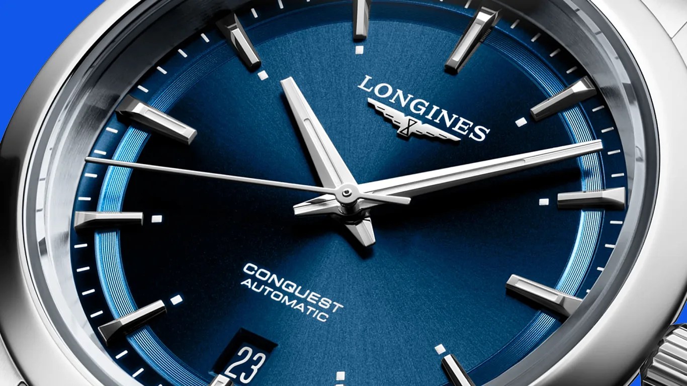 longines blue watch dial closeup